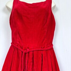 Vintage Red Wide Wale Corduroy Sleeveless Dress Knee Length Leather Fringe Belt